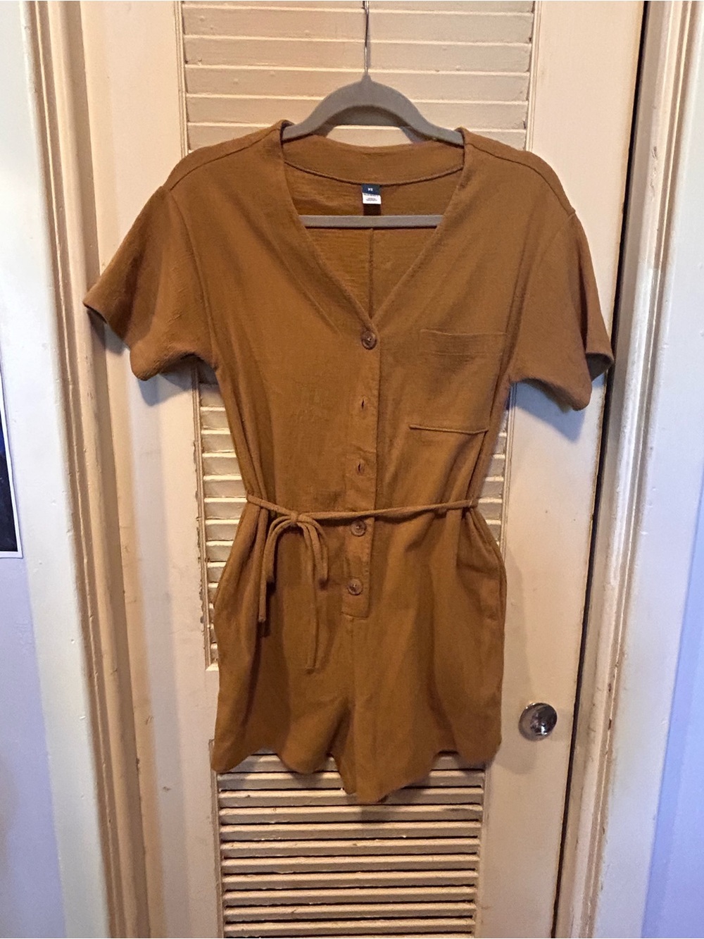 Old Navy Short-Sleeve Button Romper in Mustard Brown